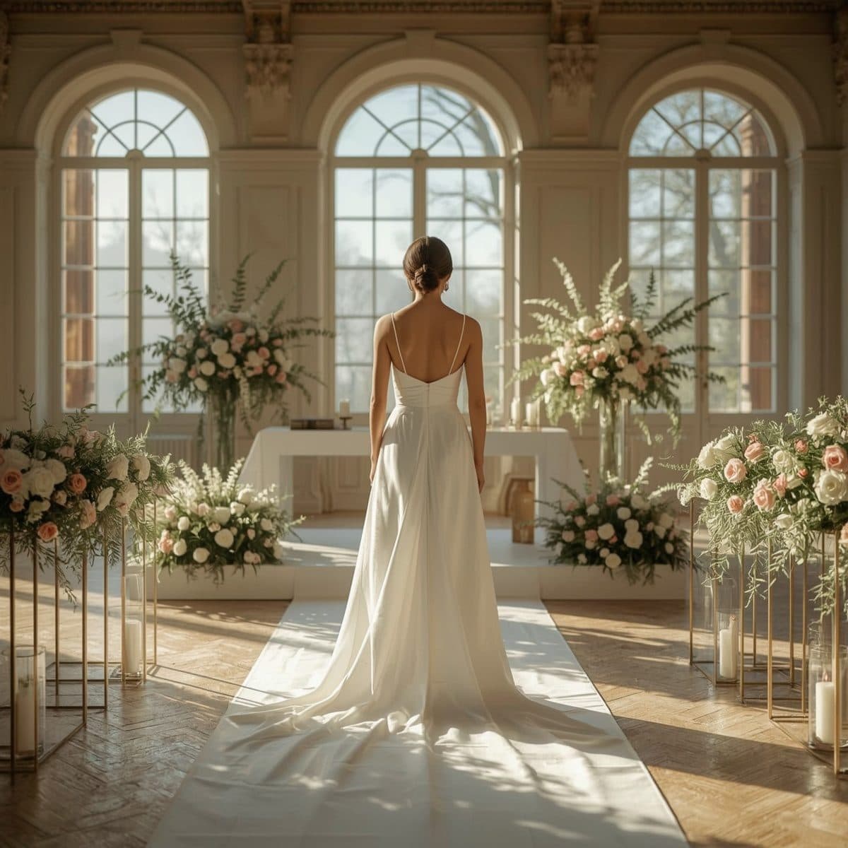 A person standing alone at the altar, sunlit and unhurried
