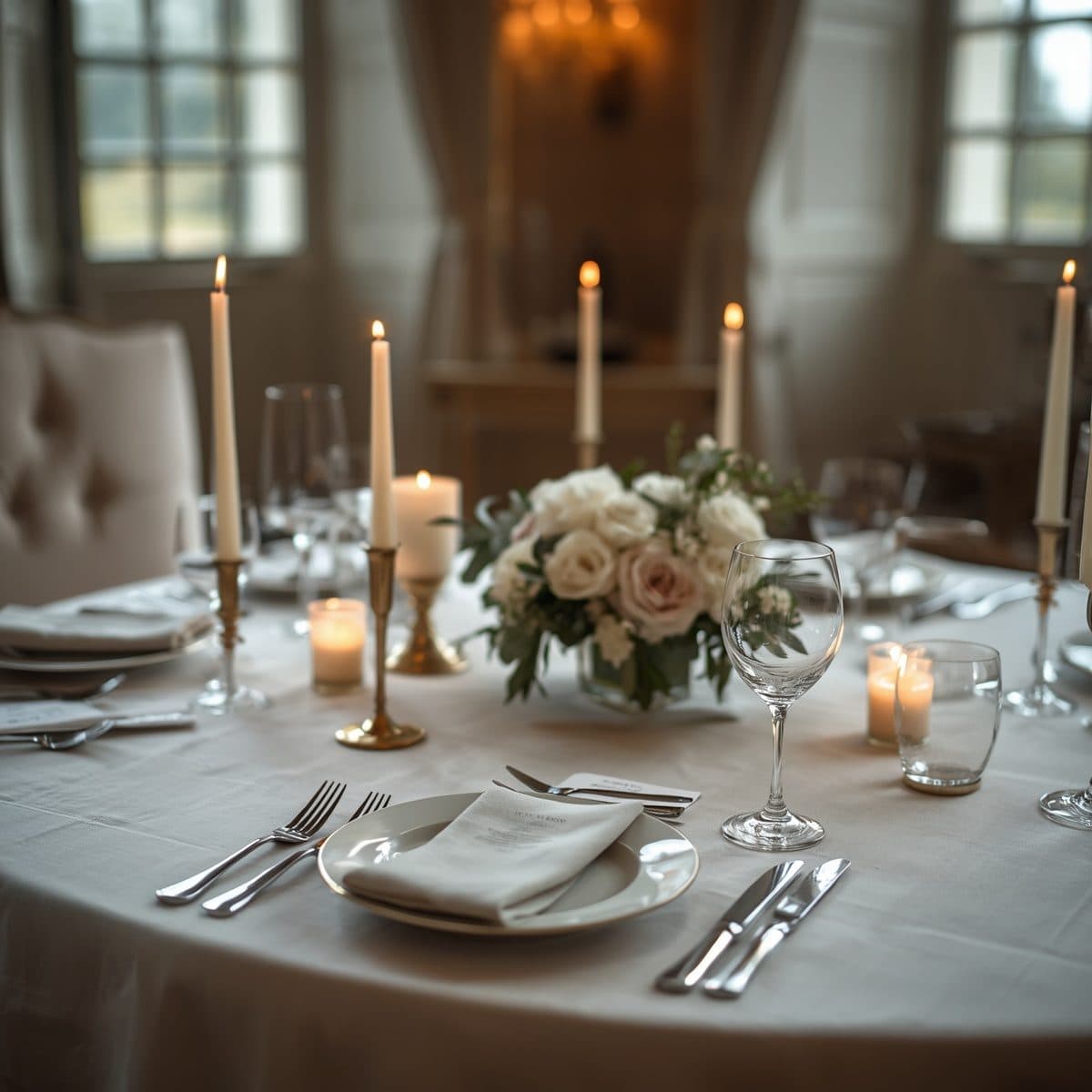 An elegant dinner table set for one, candlelit